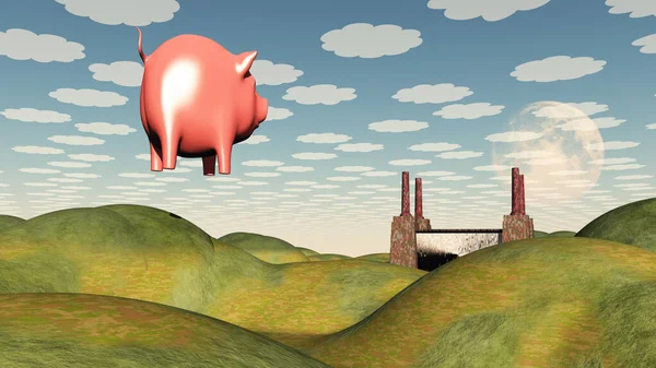 工厂和猪 超现实的艺术3D渲染 — 图库照片