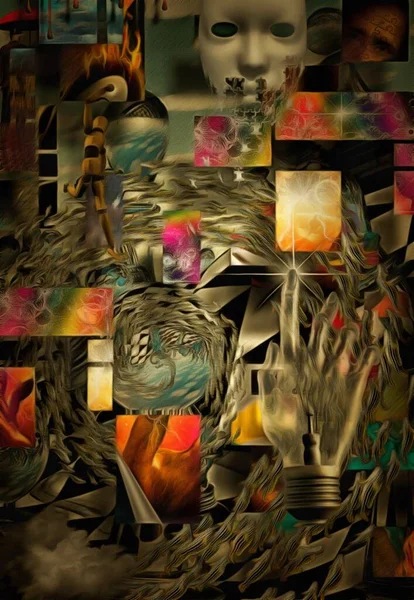 Komplexe Surreale Malerei Wirbel Fische Quadratische Elemente — Stockfoto