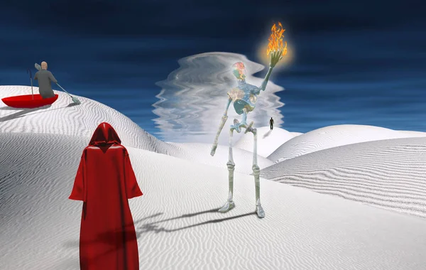 Figure Cloak Stands Desert Man Floats Red Umbrella Alien Holds — Stock Photo, Image