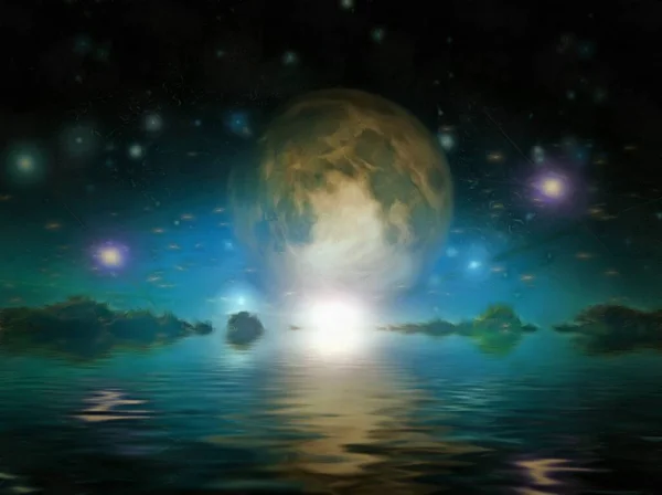 Surreal Painting Terraformed Moon Rendering — Stock Photo, Image