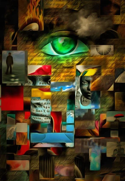 Komplexe Surreale Malerei Quadratische Elemente Grüne Augen Unterschiedliche Gedanken Den — Stockfoto