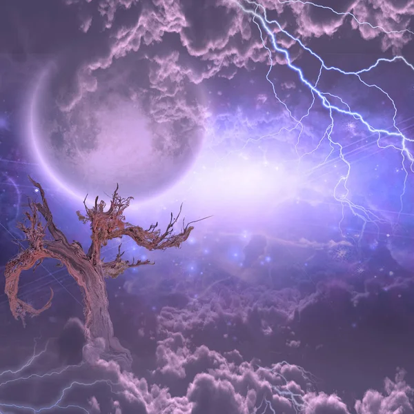 Árvore Sob Estrelas Nuvens Com Energia Redor — Fotografia de Stock