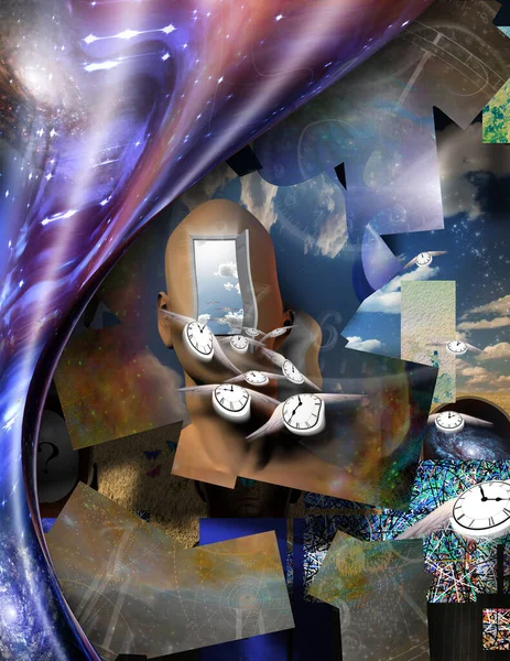 Surrealism Man Head Opened Door Another World Winged Clocks Symbolizes — Stock Photo, Image