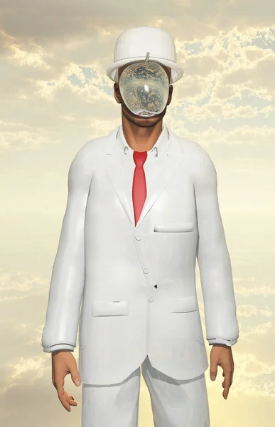 Человек Белом Костюме Лицом Скрытым Меттальным Яблоком — стоковое фото