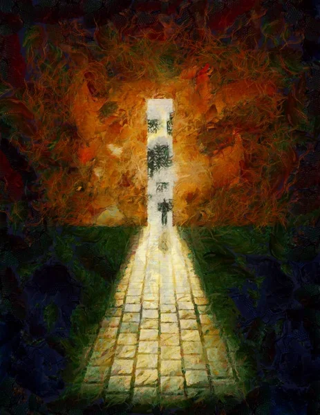 Pintura Surrealista Hombre Atraviesa Puerta Muralla Hacia Ciudad — Foto de Stock