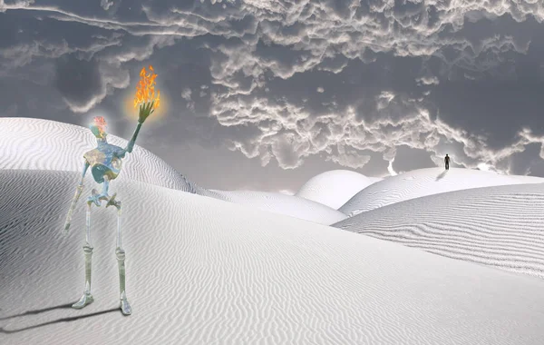 Een Surrealistische Witte Woestijn Alien Houdt Vlam Zijn Hand Figuur — Stockfoto