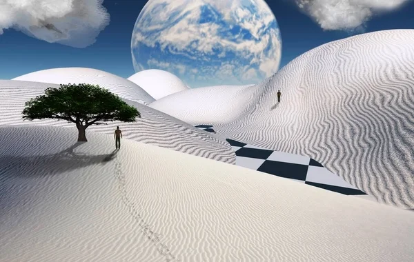 Deserto Surreal Árvore Verde Duna Areia Figura Homem Distância Lua — Fotografia de Stock