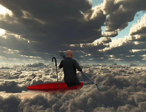 Surreal Painting Man Floats Red Umbrella — Stock Photo, Image