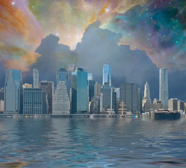 Nyc Manhattan View Surreal Sky Rendering — Fotografia de Stock