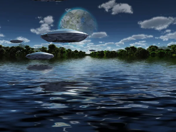 Летающие Тарелки Приближаются Терраформированной Луне Зеленый Лес Горизонте — стоковое фото