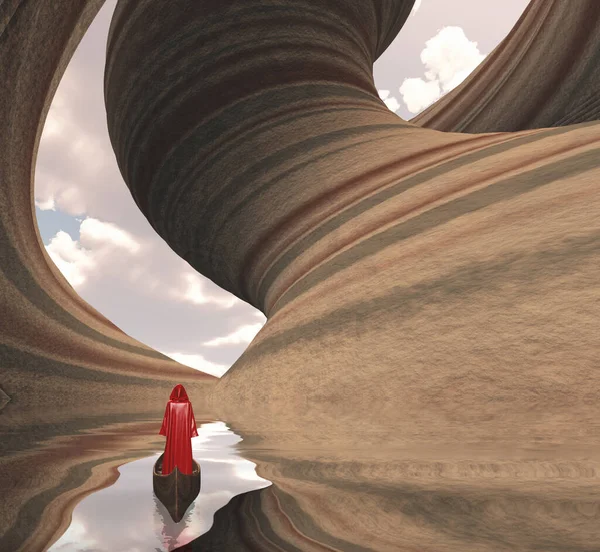 穿着红色长袍的男人在雕刻的峡谷岩石附近划船 — 图库照片