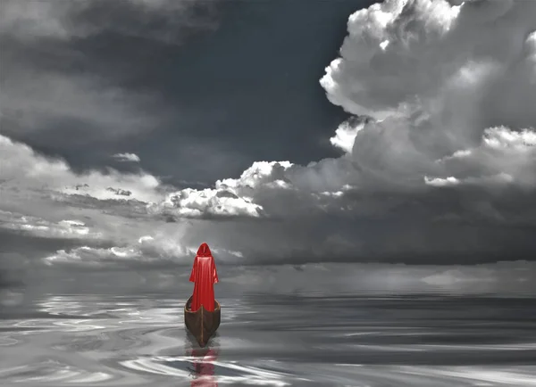 Figure Red Cloak Boat Dramatic Gray Clouds Reflected Water — Stock Photo, Image