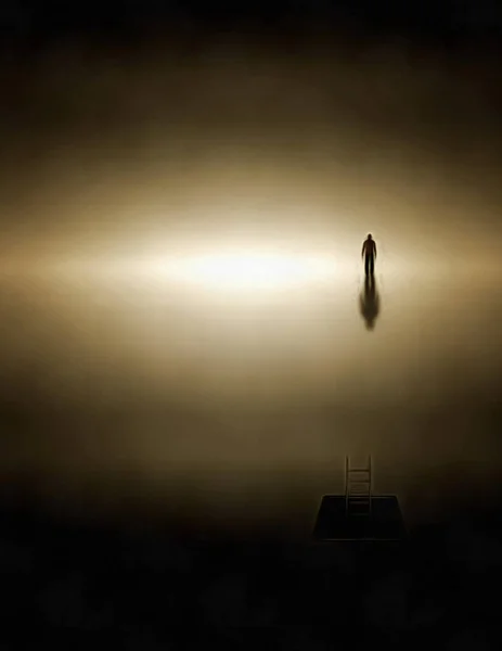 Сюрреалистичная Картина Фигура Человека Пустом Пространстве Лестница Квадратном Отверстии — стоковое фото