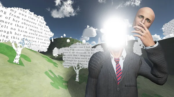 Man Toont Innerlijk Licht Landschap Met Tekstpapierbomen — Stockfoto