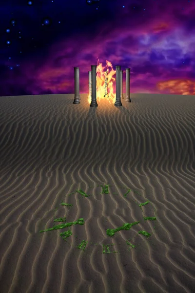 Fogo Queima Dentro Templo Com Relógio Grama Nas Areias Deserto — Fotografia de Stock