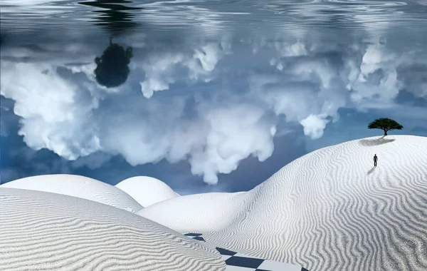 Surreale Deserto Bianco Albero Verde Una Duna Sabbia Figura Dell — Foto Stock