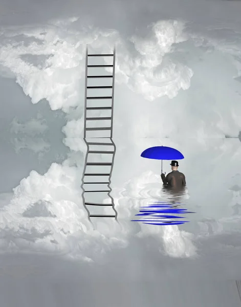 Surrealism Man Blue Umbrella Stands Water Ladder Leads Sky — Stock Photo, Image