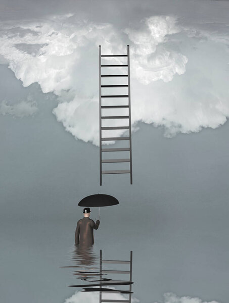 Man in floood with ladder above