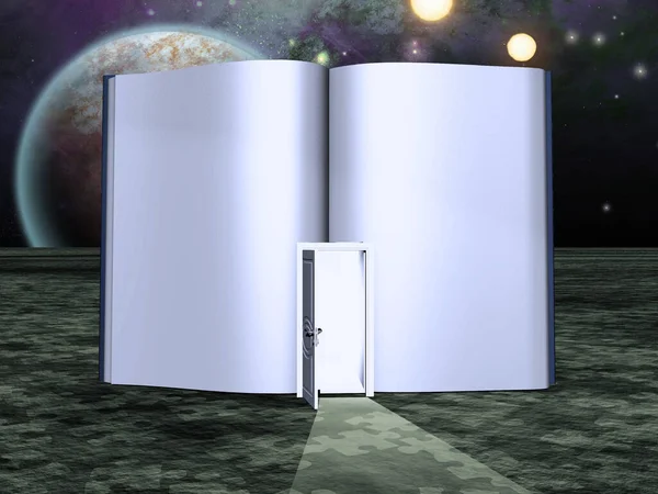 Сюрреализм Пустая Книга Открытая Дверь Планета Звезды Горизонте — стоковое фото