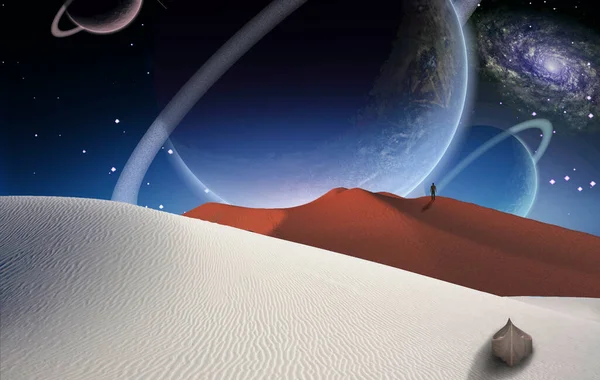 Witte Woestijn Groene Boom Boot Een Man Verte Grote Planeten — Stockfoto
