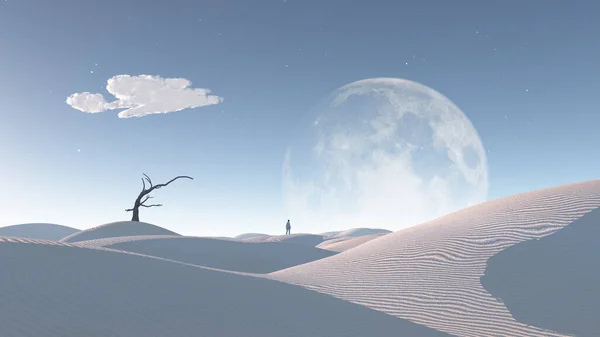 Man Desert Bare Tree Moon Surreal Haunting Desert — Stock Photo, Image