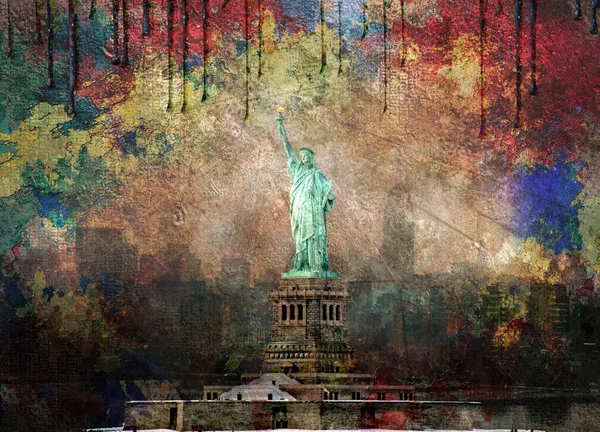 Freiheitsstatue Und Manhattan Panorama Rendering — Stockfoto