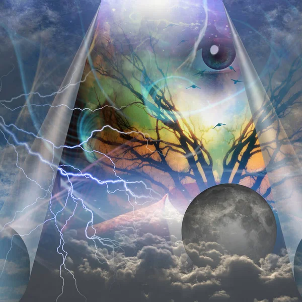 Surrealism. God\'s eye, moon and clouds. Suit and branches of a tree.