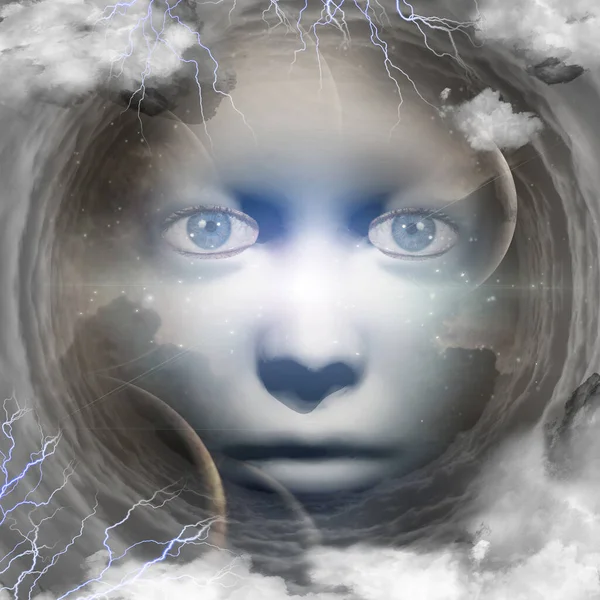 Cara Mujer Espacio Túnel Nubes — Foto de Stock