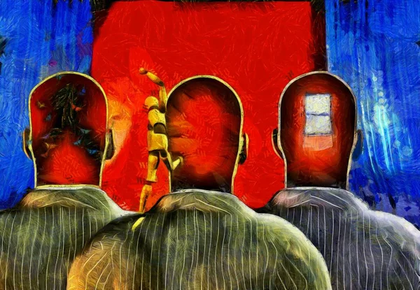 Surreal painting. Men with dreams in their head stands before drapes. Field behind drapes.