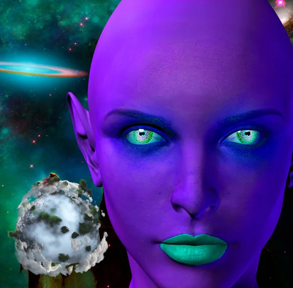 Ansiktet Kvinnliga Främmande Färgglada Universum Och Abstrakt Exoplanet Bakgrund — Stockfoto