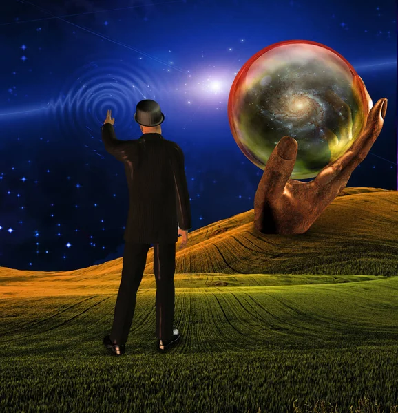 Człowiek Garniturze Dotyka Nieba Tworząc Fale Galaktyki Objawione Sferze — Zdjęcie stockowe