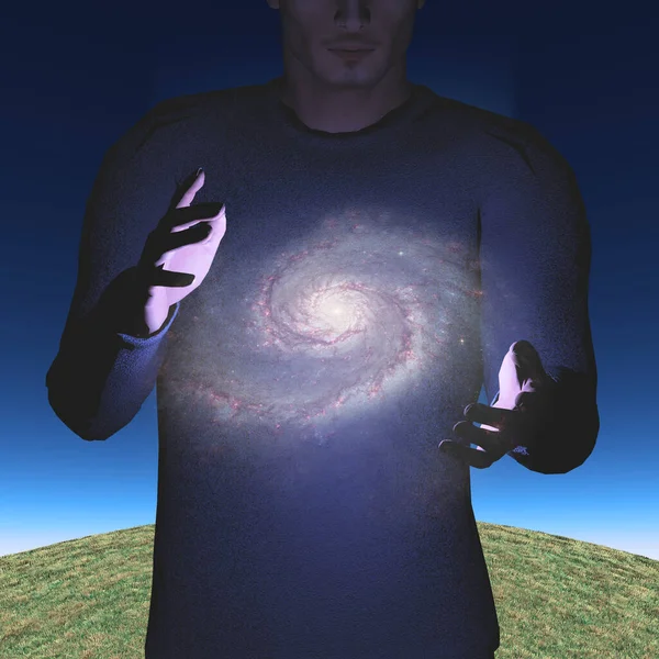 Man Holds Galaxy His Hands — Stock Photo, Image