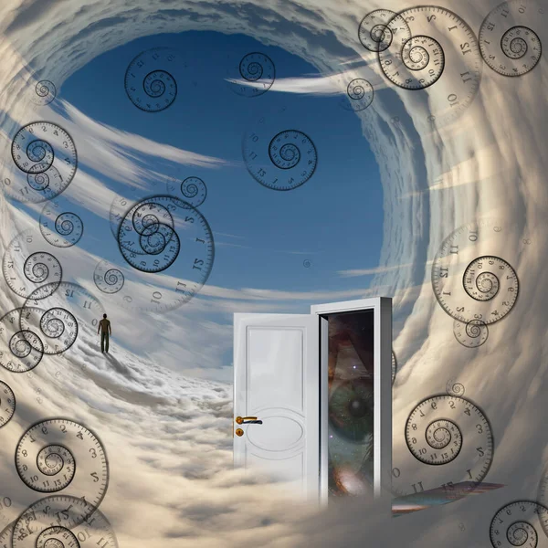 Weiße Tür Zeitspirale Mann Auf Einer Wolke — Stockfoto