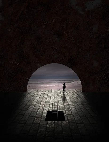 Homem Túnel Com Vista Sombria Para Oceano — Fotografia de Stock