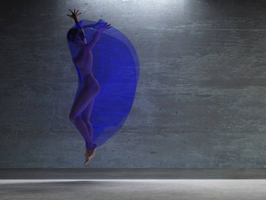 Şeffaf kumaşlı aksiyon kızı. 3B görüntüleme