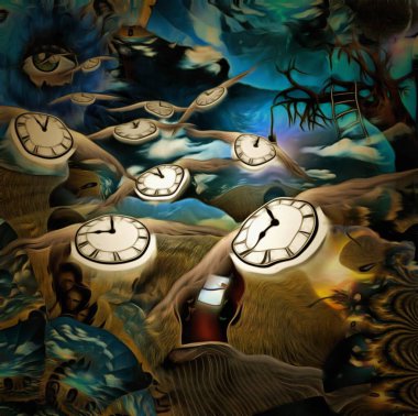 Gerçeküstü resim. Kafasında penceresi açık bir adam. Dalında ampul olan yaşlı bir ağaç. Gökteki Tanrı 'nın Gözü. Kanatlı saatler zamanın akışını temsil eder..