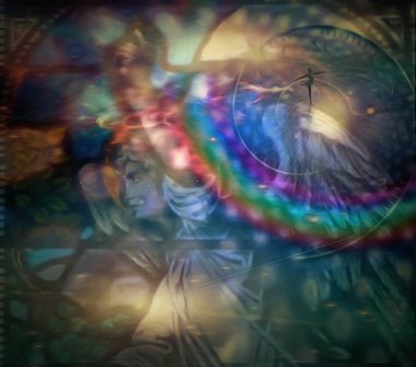 Karmaşık sürreal resim. Dante Alighieri 'nin heykeli, uzaktan balerin, gökkuşağı ve zaman sarmalı..