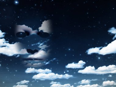 Bulutlu gökyüzünde maske. 3B görüntüleme