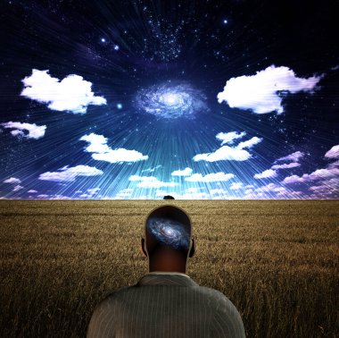 Kafasında galaksi olan bir adam. 3B görüntüleme