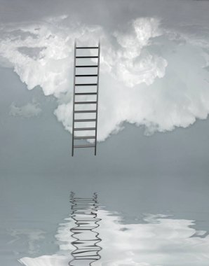 Merdiven ve sel. Gerçeküstü sanat. 3B görüntüleme