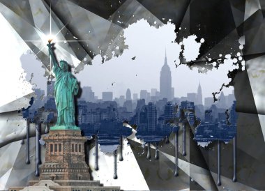 Özgürlük heykeli ve Manhattan manzarası. 3B görüntüleme