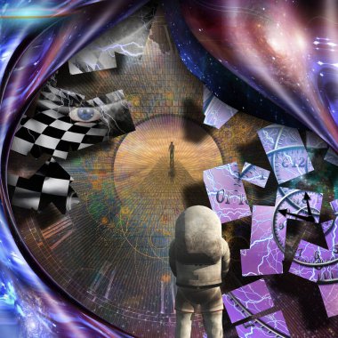 Karmaşık sürreal resim. Zamanın müritleri. Cennete giden yolda bir adam. Astronot.