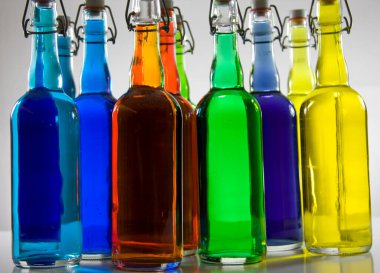 colorful glass bottles, drinks beverages 