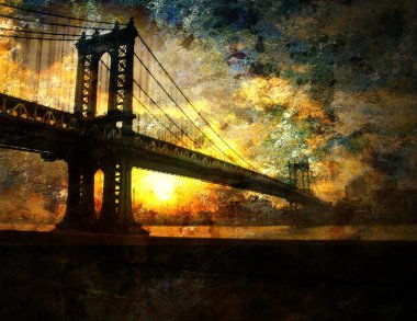 Dramatik resim. Manhattan Köprüsü. 3B görüntüleme
