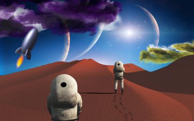 Başka bir gezegendeki astronotlar. 3B görüntüleme