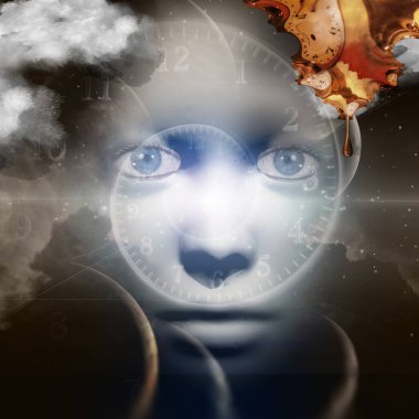Uzayda bir kadının yüzü. Dali tarzında erimiş saat.