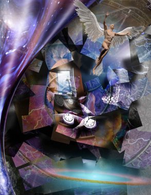 Karmaşık sürreal resim. Yüzü yerine başka bir dünyaya açılan bir adam, kare elementler. Zamanın müritleri. Kanatlı saatler zamanın akışını sembolize eder. Kanatlı çıplak adam meleği temsil ediyor..