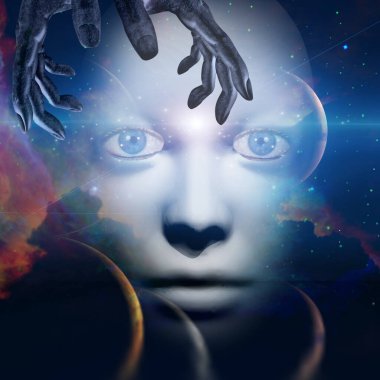 Elleri ve evren geçmişi olan insan yüzü.