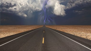 Çöl fırtınasında yol bomboş. 3B görüntüleme