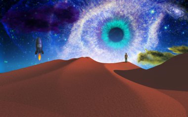 Lonely man in desert 3D rendering